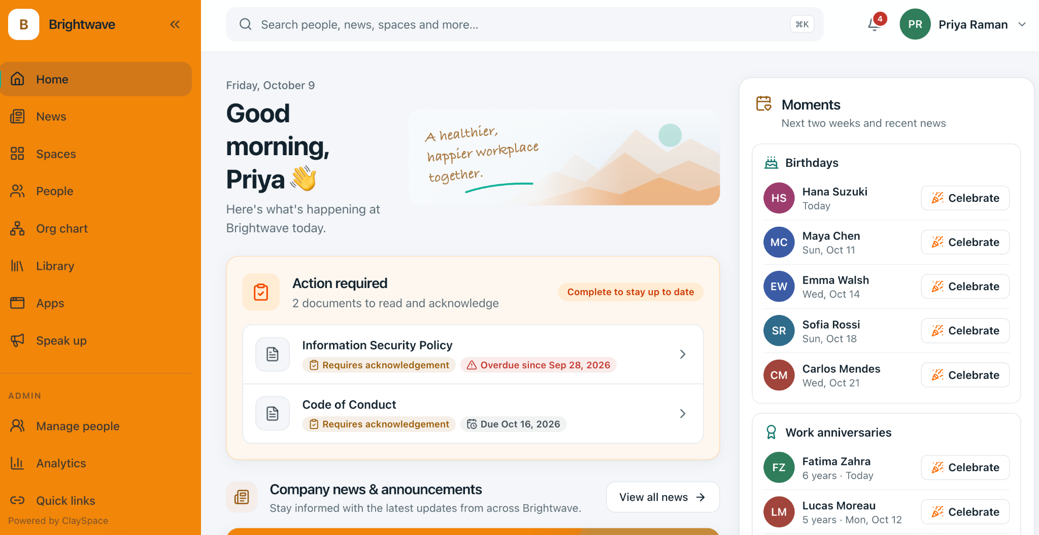 ClaySpace sample employee portal showing company news, required policy acknowledgements, people, apps, birthdays and work anniversaries